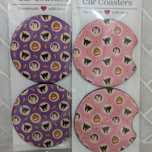 Halloween Sugar Cookie Inspired Car Coasters, Set of 2 Coasters, Cute Car Accessories, Retro Halloween Ghost, Pumpkin, Black Cat Coasters