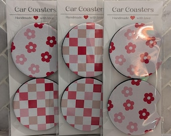 Flowers and Checkers set of 2 Car Coasters, New Car Accessories Driver Gift