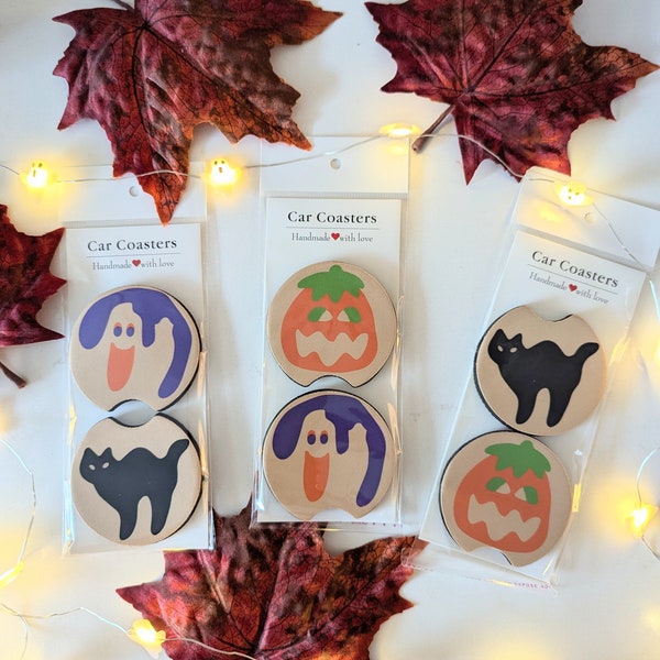 Halloween Sugar Cookie Inspired Set of 2 Coasters, Car Accessories, Retro Halloween Ghost, Pumpkin, Black Cat Coasters, Summerween