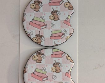 Coffee and Books Smile Set of 2 Car Coasters, Cute Car Accessories, Bookish and Coffee Lover Cute Girl Party Friend Favors, New Driver Gift