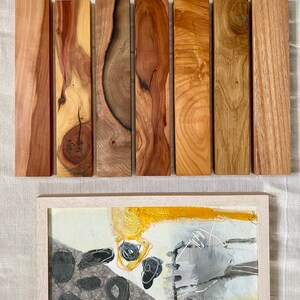 Pu&ograve; includere: Sette campioni di legno di diversi tipi, disposti orizzontalmente. I campioni di legno sono tutti di dimensioni e forma approssimativamente uguali. I campioni di legno sono tutti di colore marrone chiaro, con motivi di venatura variabili. Sotto i campioni di legno c'&egrave; una cornice bianca con un dipinto all'interno. Il dipinto &egrave; astratto e presenta colori neri, grigi e gialli.