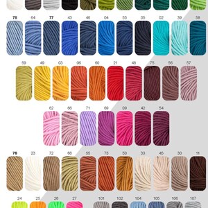 May include: A chart of 78 different colored yarn skeins, each labeled with a number. The yarn is arranged in rows and columns, with the numbers increasing from left to right and top to bottom.