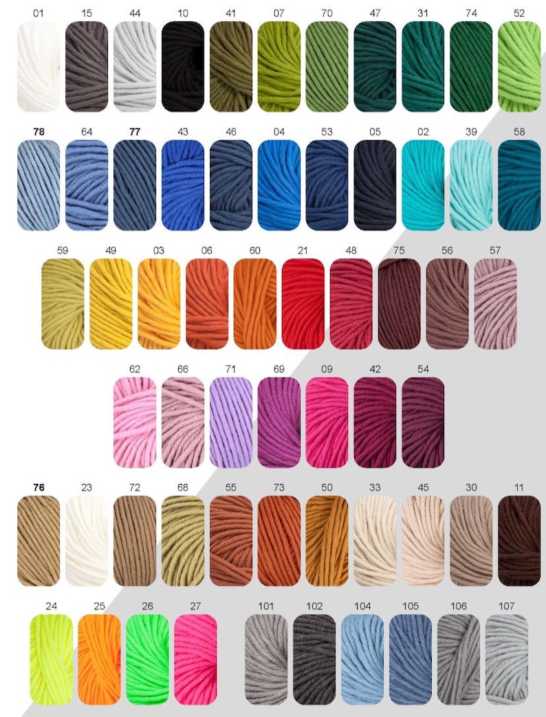 May include: A chart of 78 different colored yarn skeins, each labeled with a number. The yarn is arranged in rows and columns, with the numbers increasing from left to right and top to bottom.