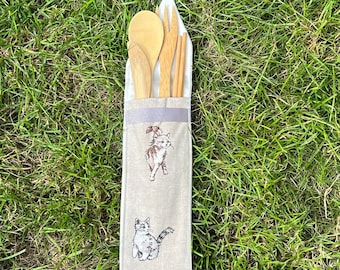 Reusable Bamboo Cutlery in handmade pouch - Cat Design