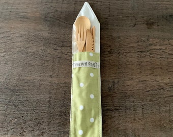 Green Spotty Design - Bamboo Cutlery in handmade pouch