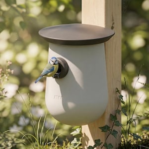 Könnte beinhalten: Ein modernes, hellgraues Vogelhaus mit dunkelbraunem Deckel, montiert an einem Holzpfosten. Ein kleiner blau-gelber Vogel sitzt am Eingang. Das Vogelhaus ist von Grün und weißen Blumen umgeben.