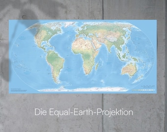Equal Earth World Map Poster in German | Precise Area Map with True Continent Sizes | Geography Wall Art | Medium & Large