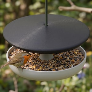 May include: A bird feeder with a black top and a white bowl filled with birdseed. A small bird with orange and brown feathers is perched on the edge of the bowl, eating. The feeder is suspended by a thin metal rod.