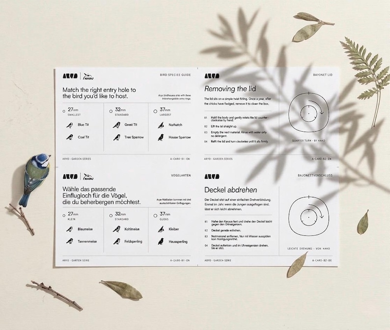 May include: A white bird species guide with illustrations and text, including entry hole sizes of 27mm, 32mm, and 37mm. A blue and green bird figurine is on the left. The guide also includes instructions for removing the lid.
