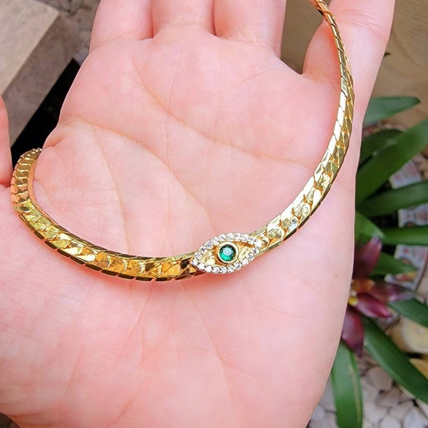 Collana malocchio d'oro, malocchio verde, spina di pesce, Mal de Ojo, collana d'oro, protezione, malocchio, collana Boho, gioielli Boho, blu rosa