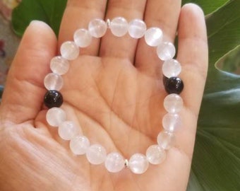 Selenite Bracelet, Tourmaline Bracelet, Boho Bracelet, Gemstone Bracelet, Black and White, Chakra Bracelet, Selenite, Tourmaline, Protection