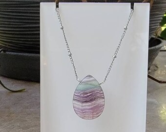 Rainbow Fluorite Teardrop Necklace, Silver Necklace, Gemstone Necklace, Fluorite, Purple, Green, Boho Necklace, One of a Kind, Steel