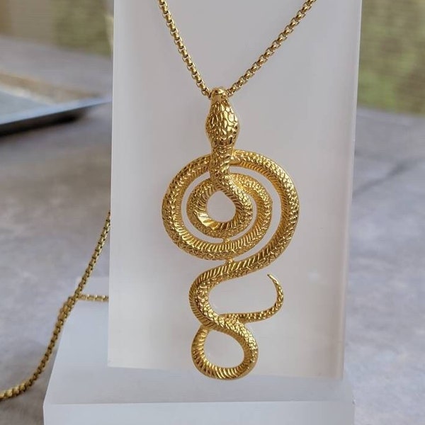 Long Gold Necklace, Snake Necklace, Stainless Steel, Statement Necklace, Culebra, Cobra, Boho Necklace, Curled Snake, Gold Snake, Large