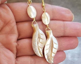 Mother of Pearl Earrings, One of a Kind, MOP, Gold Earrings, Boho Earrings, Shell Earrings, Gemstone Earring,  Pearl, Plant, Leaf