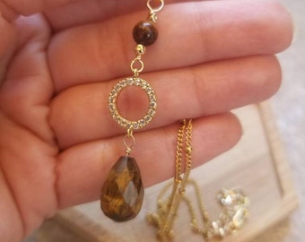 Tiger's Eye Tear Drop Necklace, Tiger's Eye Necklace, Gemstone Necklace, One of a Kind, Boho Necklace