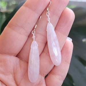 Rose Quartz Earrings, Silver Earrings, Gemstone Earrings, Boho Earrings, Pink, Quartz, Teardrop, Large, Statement, Crystal Earrings, Love