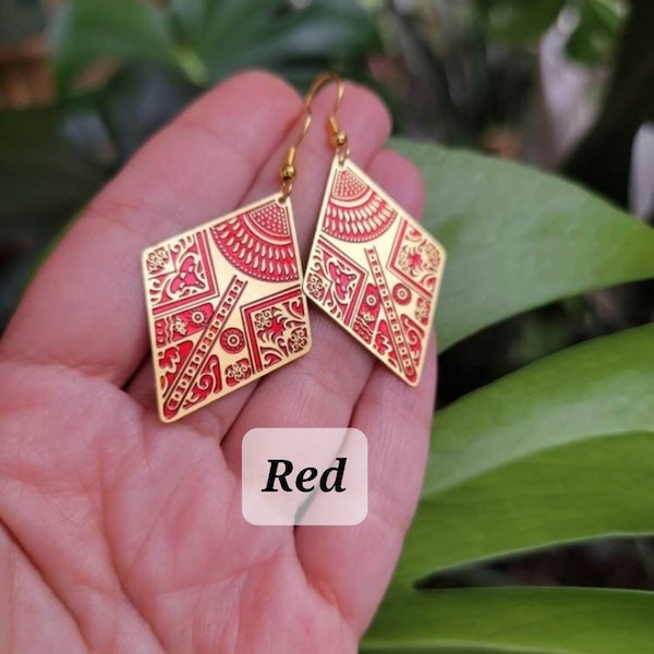 Gold Earrings, Boho Earrings, Mandala Earrings, Enamel, Brass Earrings, Red, Green, Midnight Blue, Lilac, Tribal Earrings, Ethnic Earrings,