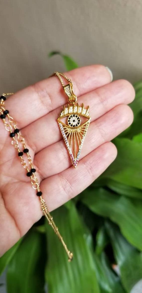 Evil Eye Necklace, Gold Necklace, Crystal Necklace, Mal de Ojo, Evil Eye Pendant, Boho Necklace, Boho Jewelry, Triangle Pendant