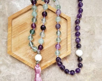 Fluorite Amethyst Mala, Gemstone Necklace, Yoga Necklace, Meditation Beads, Amethyst Mala, Fluorite Mala, Long Tassel Necklace, Mala