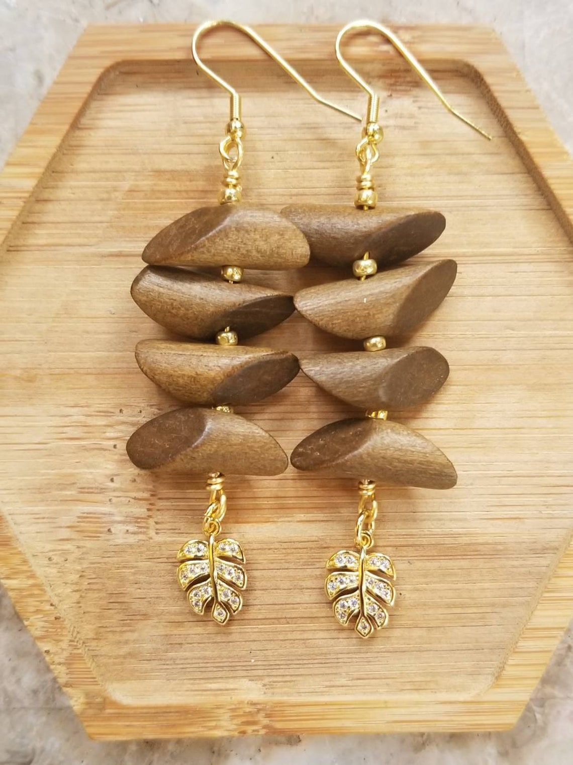 Wood Earrings Leaf Earrings Plant Earrings Crystal Etsy Norway