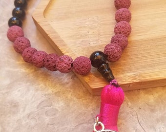 Black & Purple Lava Bead Necklace, Long Tassel Necklace, Lava Bead Necklace, Long Necklace, Pink Tassel Necklace, Mala Necklace, Meditation