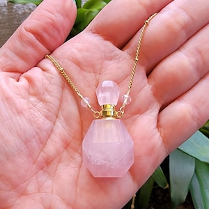 Rose Quartz Perfume Bottle Necklace, Rose Quartz Pendant, Boho Necklace, Pink, Crystal, Rose Quartz, Vial, Love Stone, Bottle Necklace