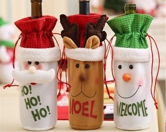 Conjunto festivo de decoración de botellas de vino de Navidad / Muñeco de nieve / Santa Claus / Ciervo / Ropa linda cubierta de botella / Cena / Año Nuevo / Nochebuena
