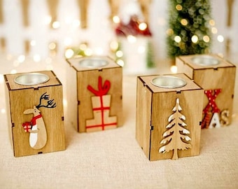 Juego de 4 candelabros rústicos de madera para velas de té, adornos navideños, renos y árboles de Navidad.