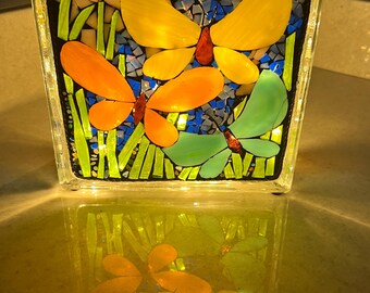 Butterfly and Blooms lighted glass block mossaic