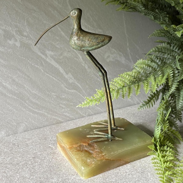 Vintage Bronze Shorebird Sculpture on Green Onyx Stone Base