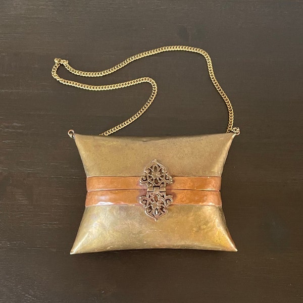 Vintage 1970s Art Deco Copper & Brass Pillow Purse with Strap