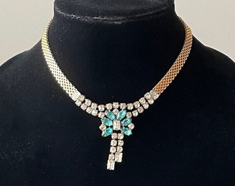 Vintage 1950s Teal & Clear Rhinestone Costume Jewelry Necklace
