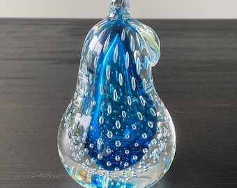 Hand Blown Blue Glass Pear Paperweight Figure with Controlled Bubbles
