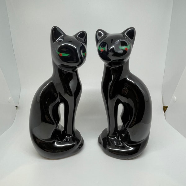 Mid-Century Pair of Black Ceramic Cats with Green Eyes