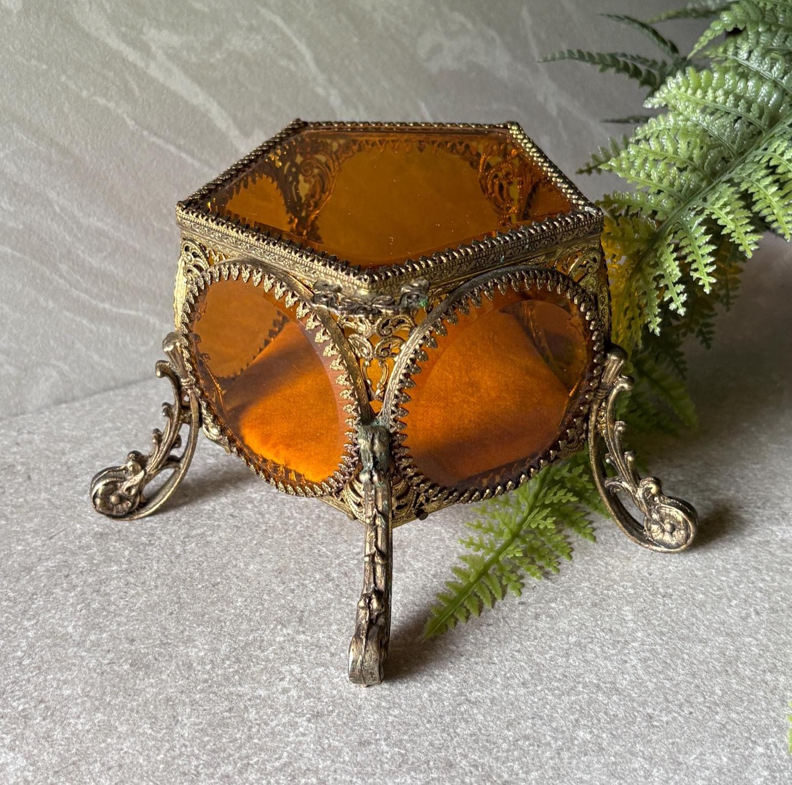 Vintage Orange Ormolu Gold Filigree Pentagon Shaped Casket Jewelry