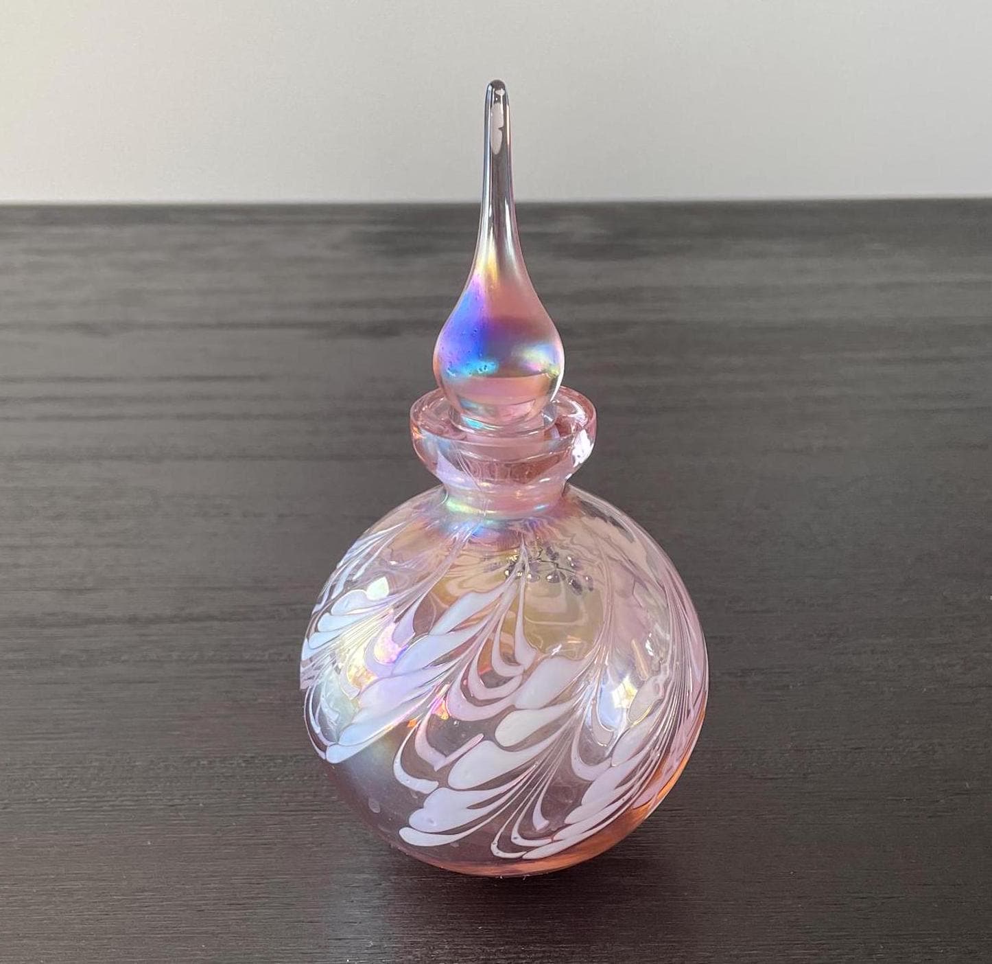 Vintage Pink Iridescent Pulled Feather Glass Perfume Bottle with Stopper