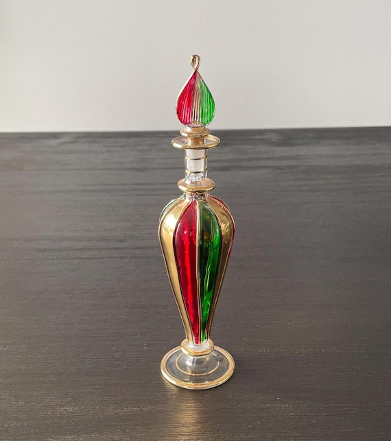 Vintage Hand Blown Glass Egyptian Red Green Gold Perfume Bottle