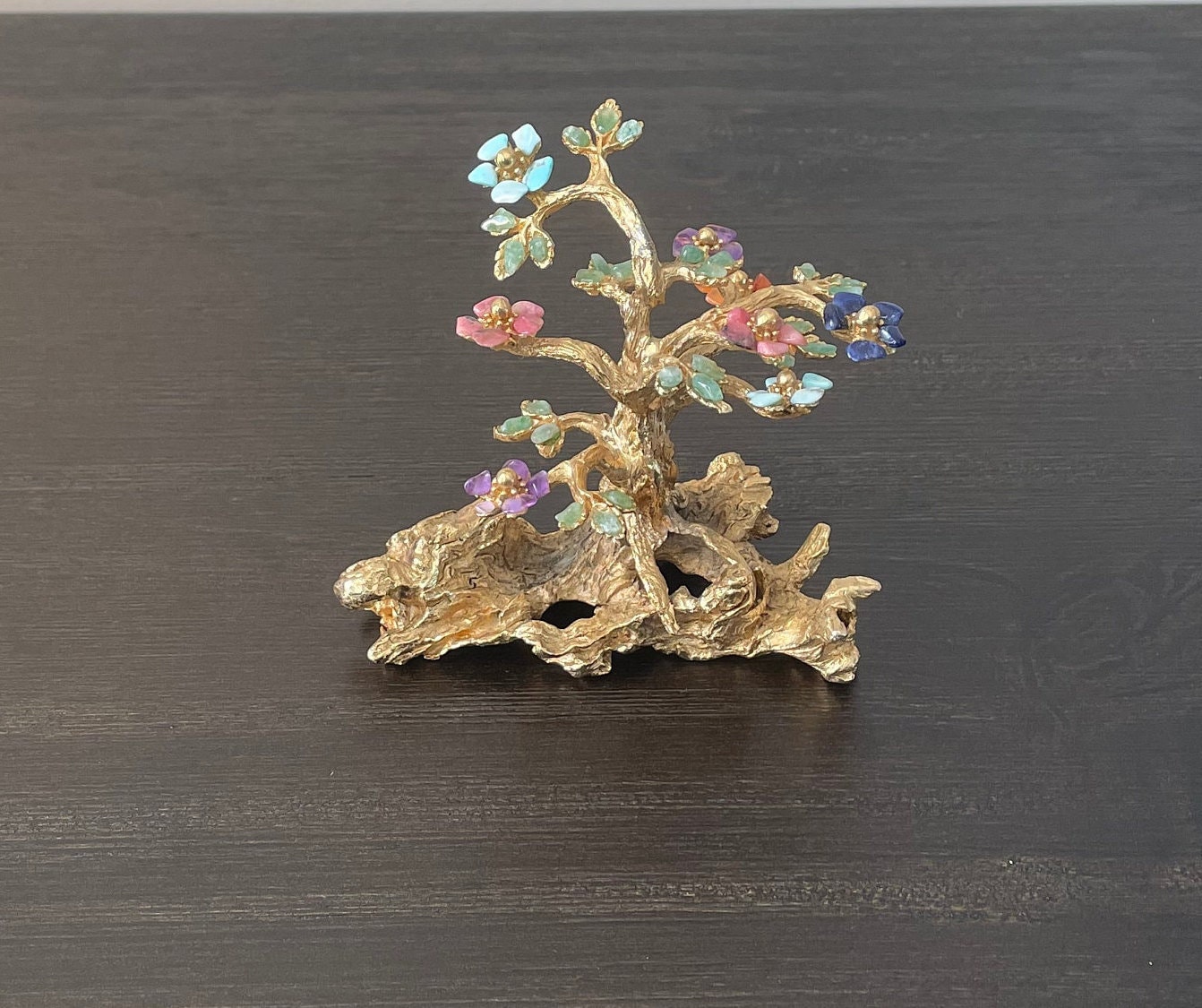Vintage 1950s Edward Swoboda Gold Plated Floral Gemstone Bonsai