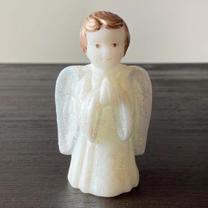 Vintage Fenton Satin Ivory Glass Glitter Hand Painted Praying Angel Figurine Signed C. Mackey