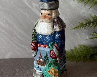 Handmade Hand Painted Russian Wood Santa Figurine Signed