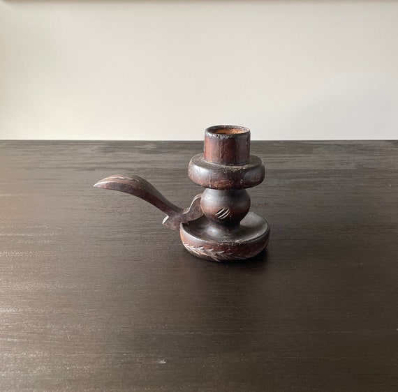 Antique Primitive Early 1900s Hand Carved Wood Candle Holder with Handle