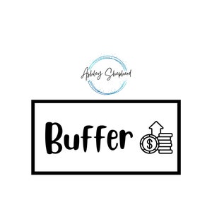 Puede incluir: Fondo blanco con un marco rectangular negro que contiene la palabra "Buffer" en negrita, letras negras. Un gráfico de monedas con una flecha hacia arriba está a la derecha. El logotipo de Ashley Shepherd está en la parte superior.