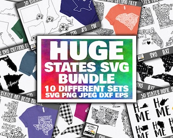 Puede incluir: Un collage de imágenes que muestran un gran paquete de archivos SVG de los 50 estados. El paquete incluye 10 conjuntos diferentes de contornos de estados, con varios estilos que incluyen contornos simples, diseños intrincados y el texto "home". El texto "HUGE STATES SVG BUNDLE 10 DIFFERENT SETS SVG PNG JPEG DXF EPS" se muestra en blanco sobre un fondo colorido.