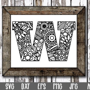 Archivo SVG de la letra W - Archivo SVG de corte de la letra W del monograma de mandala - Imágenes prediseñadas - Impresión de arte imprimible - Archivos de corte - Archivo de corte de la letra W de Zentangle
