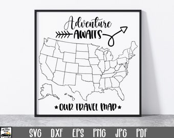US Travel Map SVG File - Adventure Awaits SVG File - Us Adventure Map svg file - Our Travel Map Svg File - Printable United States Map
