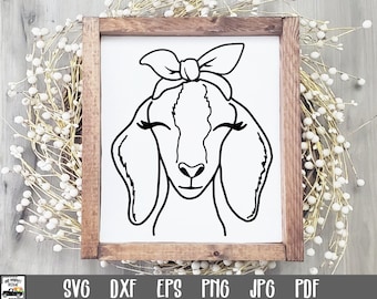 May include: A black and white line art illustration of a goat's face with a bow on its head. The goat has large eyes and a small nose. The bow is tied in a knot at the top of the goat's head.