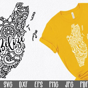 Puede incluir: Un contorno en blanco y negro del país de Belice con un diseño de mandala y la palabra "Belize" escrita en una fuente estilizada. La imagen está sobre un fondo blanco.