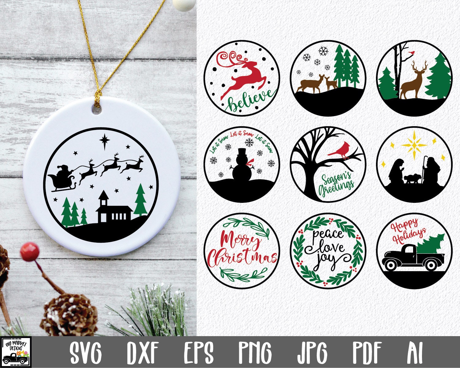 Christmas Ornaments SVG File 10 Christmas SVG Files Round | Etsy