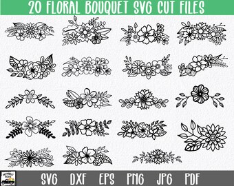 May include: A set of 20 black and white floral bouquet SVG cut files. The bouquets are arranged in rows of four, with each bouquet featuring a different arrangement of flowers and leaves.