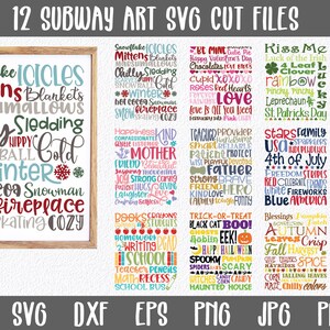 May include: Twelve colorful digital cut files for crafting. Each file features a different theme, including winter, holidays, and seasons. The files are labeled with the text "SVG, DXF, EPS, PNG, JPG, PDF, AI".